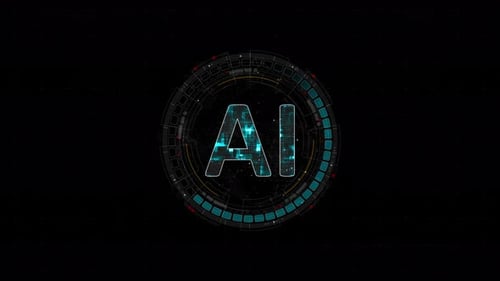 Blue digital AI letter and circle futuristic HUD elements with Ai chatbot and machine learning