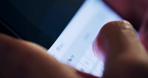 Typing, phone screen and hands closeup for text, online dating and social media message