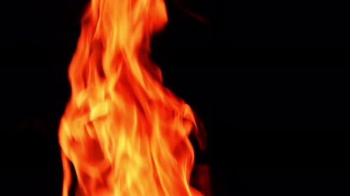 Eine heiße orange Flamme brennt. Nahaufnahme. Wunderschöne Feuerzungen bewegen sich auf dem schwarzen Hintergrund
.