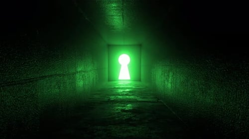 Abertura em forma de buraco de fechadura com aumento da luz verde no quarto escuro