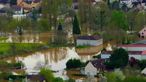 Aerial View the Flooded Houses and the City The Houses are Flooded with Dirty Water of the Flooded