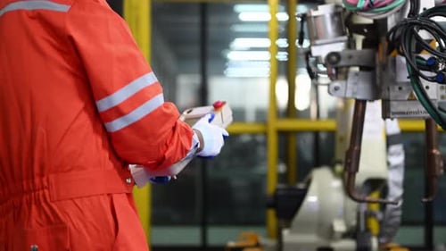 Factory Worker Operating Robot Arm with Remote Control