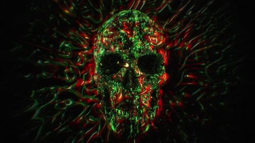 Abstract Glitch Skull Animation with Fluid Red and Green Effects