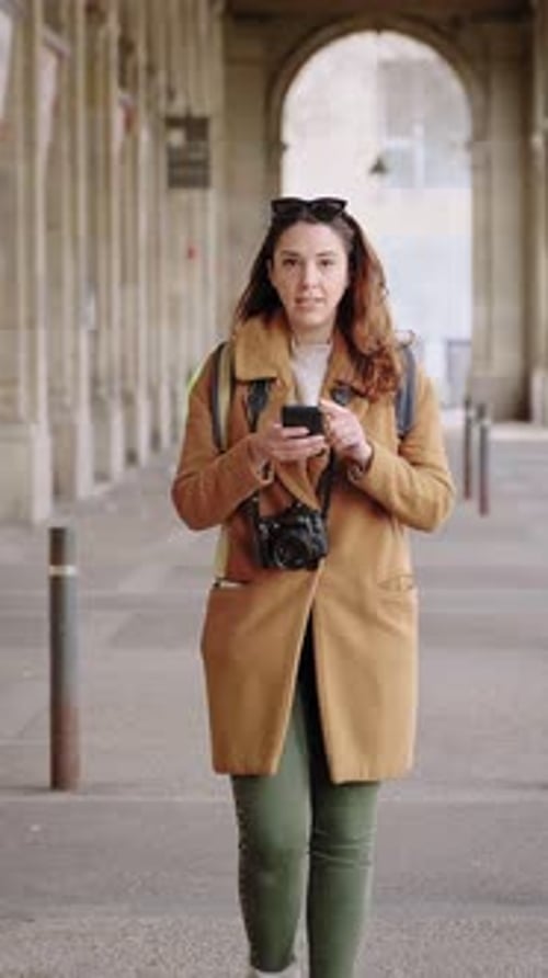 Young Tourist Woman Checking Mobile Phone Gps Navigation App Exploring and Visiting Historical City
