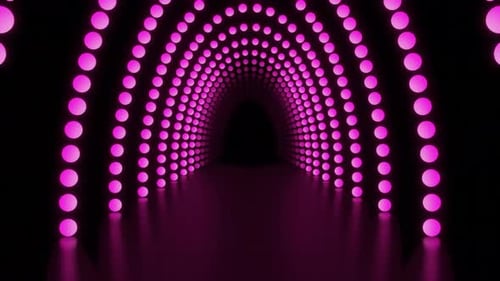 Animación en bucle del túnel de Esferas con forma de arco luminoso de neón de colores