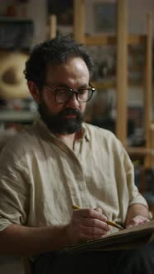Caucasian Male Artist Drawing Pencil Sketch in Notepad in Studio