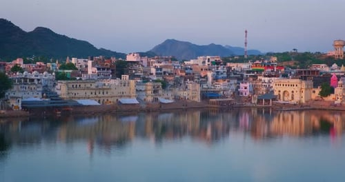Indian Pilgrimage Town Sacred Holy Hindu Religious City Pushkar with Pushkar Ghats Rajasthan India