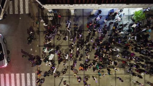 Aerial looks directly down onto demonstrators on Women's Day March