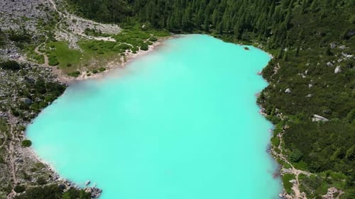 Aerial view of the blue turquoise Lake Sorapis, Lago di Sorapiss in Dolomites.