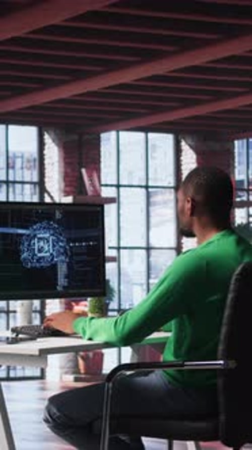 Vertical Video African American Technician Writes Code on AI Brain Neural Network