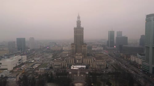 Aerial view of Palace of Culture and Science on a foggy day, Warsaw, Poland