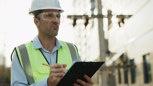 Engineer Writing on Clipboard near Building