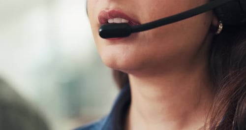 Headset, woman and mouth of customer service consultant in office with crm