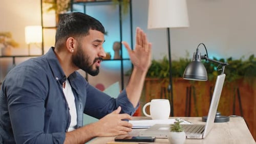 Conflict Quarrel Negotiation Indian Freelancer Man Making Webcam Laptop Online Video Call at Office