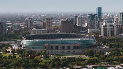 Aerial Wide Shot Chicago Stadium Near Downtown