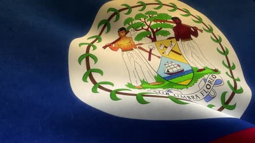 Realistic Waving Belize Flag with Emblem and Coat of Arms