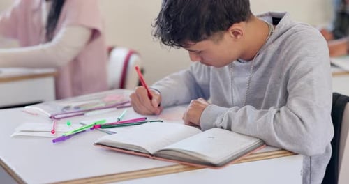 Teen Student Writing in Notebook in Classroom