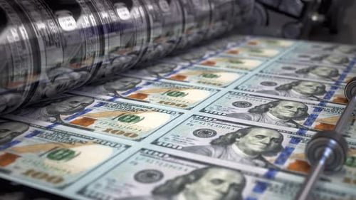 Printing money dollar bills on a print machine in typography.. Finance, tax, stock market