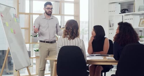 4k video footage of a young businessman giving a presentation to his colleagues in an office