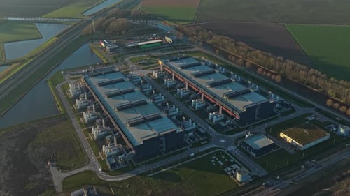 Aerial view of data center with cooling towers