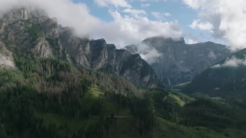 Aerial view of mountains in Braies, Italy.