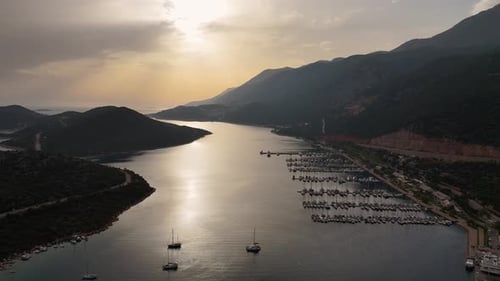 Sunset Aerial View of Kas Marina and Mountains in Antalya, Turkey