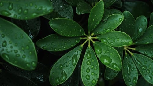 A beautiful close-up of water droplets resting on a plant's green leaves.