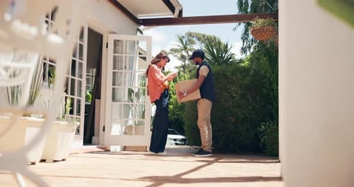 Sign, box and woman at door with delivery man for online shopping, logistics