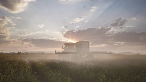Farming Tractor Plowing And Spraying On Field