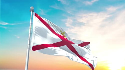 Realistic Jersey Flag Waving Against Blue Sky Animation