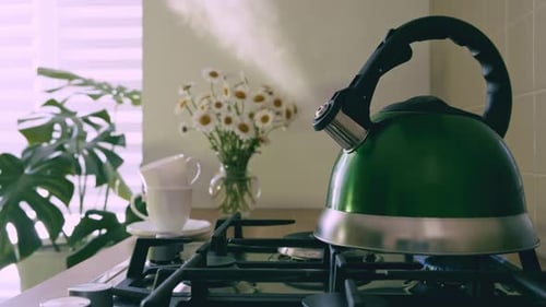 A green teapot boiling on a gas stove over an open flame. Kettle with boiling water
