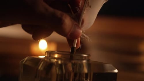 Man Puts Down Feather Quill Pen in Glass Inkwell Vintage Cozy Scene From 18Th or 19Th Century Warm