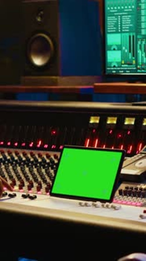 Vertical Video Sound Engineer Expert Recording Audio Tracks Next to Tablet Mockup