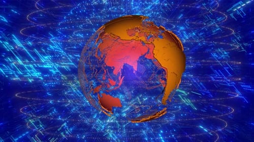 Animated Golden Globe with Blue Digital Network Background Loop