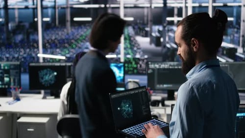 Server Room Technician Using AI LLM Chatbot to Review Infrastructure Diagnostics