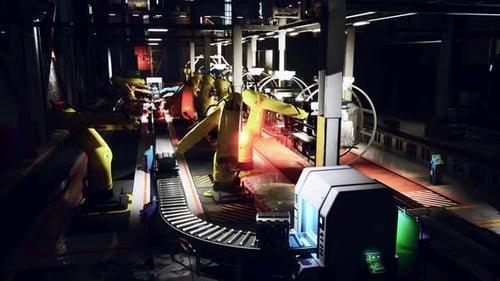 Nachtschichtfabrik mit in Betrieb befindlichen Roboterarmen und Förderbändern