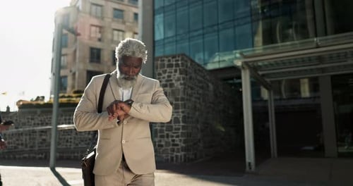 Business man, check watch and running late in city, street or rush to workplace for investment