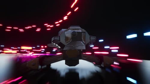 un vaisseau spatial passe sur Neon Highway, rendu 3D