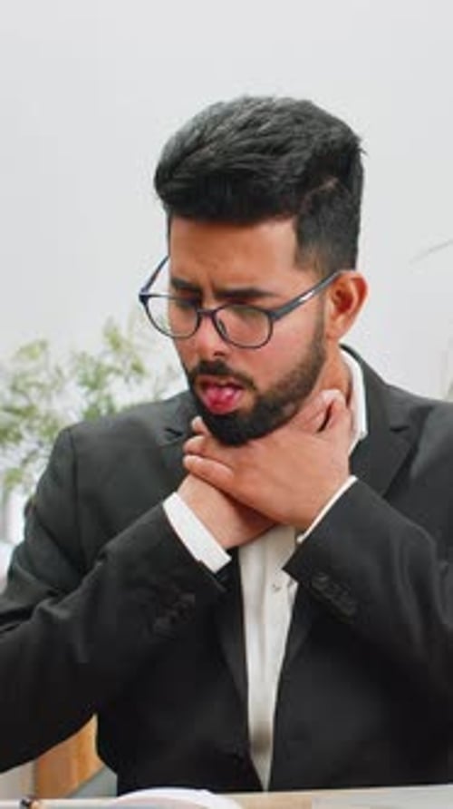 Indian Office Business Man Feeling Unwell Sick Ill Suffering From Sore Throat Hurt Swallowing Pain