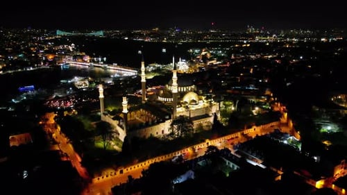 Aerial Night View of Illuminated Mosque in Istanbul Near the Bosphorus
