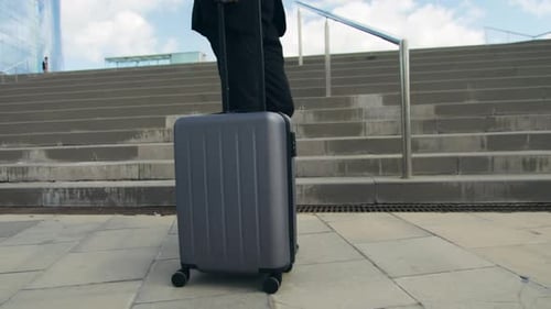 Tourist Man with Suitcase Baggage in Spain A Traveler with Luggage Suit Jacket on Business Street Go