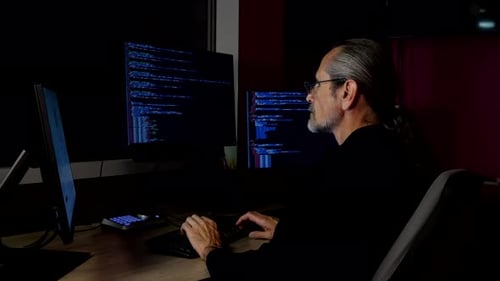 Middle Aged Programmer With Glasses And Ponytail Coding In A Darkened Office