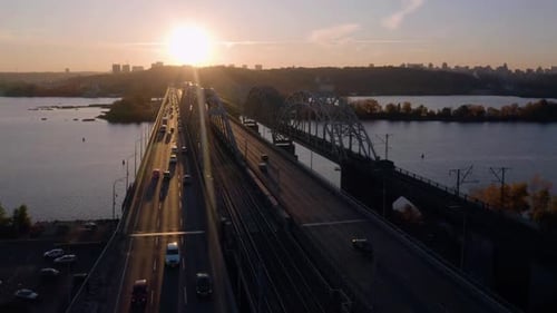 Urban Cityscape with Bridge Ad Sunset Light