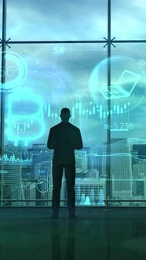 Silhouette of a Trader in Front of Bitcoin Quotes 3D Render