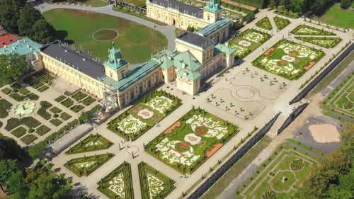 Aerial view of the royal palace in Warsaw. Poland. Wilanow Palace. Flying drones over the royal pala