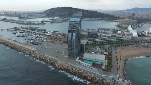 View of the Barceloneta Beach with Luxury Hotel W Barcelona By the Sea Shore