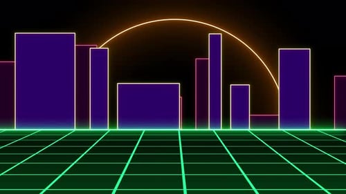 Dynamic Retro Neon Cityscape with Glowing Grid and Bars