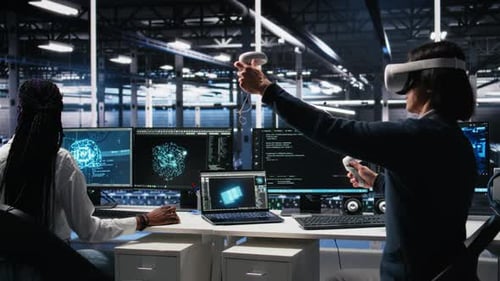 Data Center Engineer Using Virtual Reality Working on Neural Networks