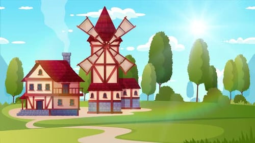 Windmühlenlandschaft im Cartoon-Stil mit Schleife + 4k