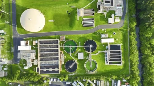 Aerial View of Modern Water Cleaning Facility at Urban Wastewater Treatment Plant